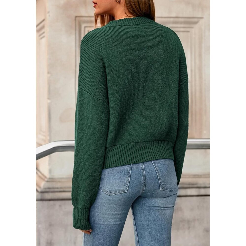Women's Cropped Cardigan Sweater Knit Zipper Long Sleeve Fall Outerwear - Picture 5 of 8
